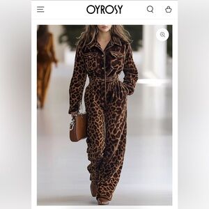 Oyrosy Loose Retro Corduroy Leopard Print Multi-Pocket Long Sleeve Jumpsuit